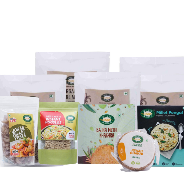 Millet Amma Diabetic Friendly Millet Combo No. 1 - Siridhanya Grain of  +Millet Pongal Mix + Little millet Instant Noodles + Jowar Bhakri + Bajra Methi Khakra + Jowar pasta Each|1500gm|3.31 lbs