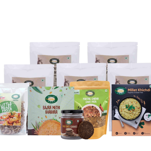 Millet Amma NutriEssence Combo 1 - Siridhanya Grain Combo of  Each+Millet Khichdi Mix+Little millet pasta+Foxtail chivda+Bajra Methi Khakra+Ragi Cookies |500gm|1.1 lbs