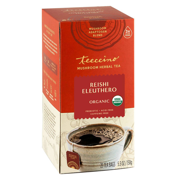Reishi Eleuthero Tea - French Roast - Organic Mushroom Adaptogenic Herbal Tea, 3x More Herbs than Regular Tea Bags, Caffeine Free, Chicory Prebiotic - 25 Tea Bags by Teeccino|150gm|0.33 lbs