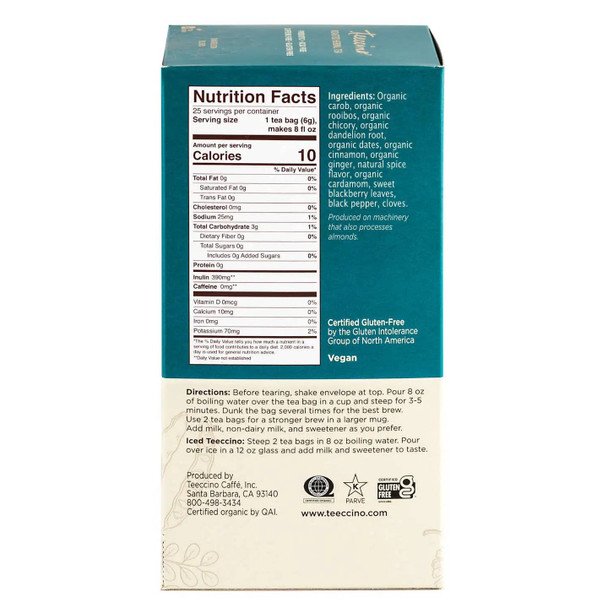 Dandelion Red Chai Tea - 25 Tea Bags - Caffeine-Free, Roasted Herbal Tea with Prebiotics, 3x More Herbs than Regular Tea Bags, Gluten Free, by Teeccino|150gm|0.33 lbs