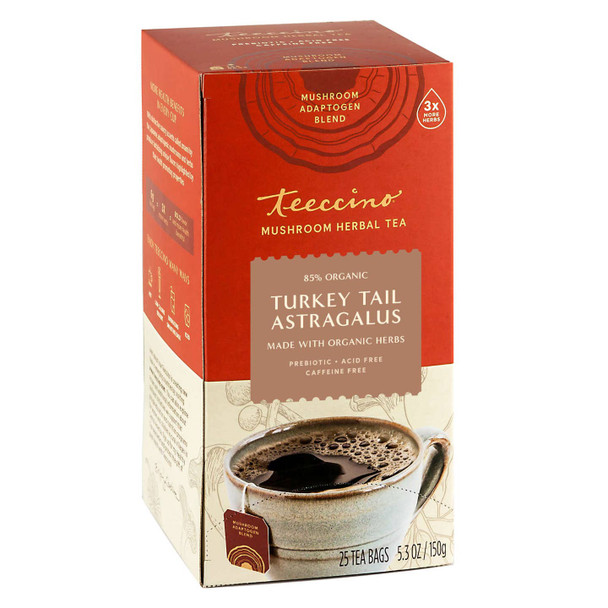 Mushroom Herbal Tea - Turkey Tail Astragalus Toasted Maple - Caffeine Free, Prebiotic, 3x More Herbs - 25 Tea Bags by Teeccino|150gm|0.33 lbs