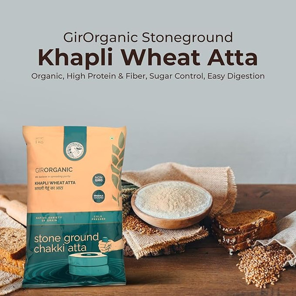 Stoneground 1 kg Khapli Wheat Atta/Flour | Nutrient-Rich Flour for Sourdough, Rotis, and More | Organic, High Protein & Fiber, Sugar Control, Easy Digestion | 100% Whole Emmer Wheat by Gir Organic|1000gm|2.2 lbs