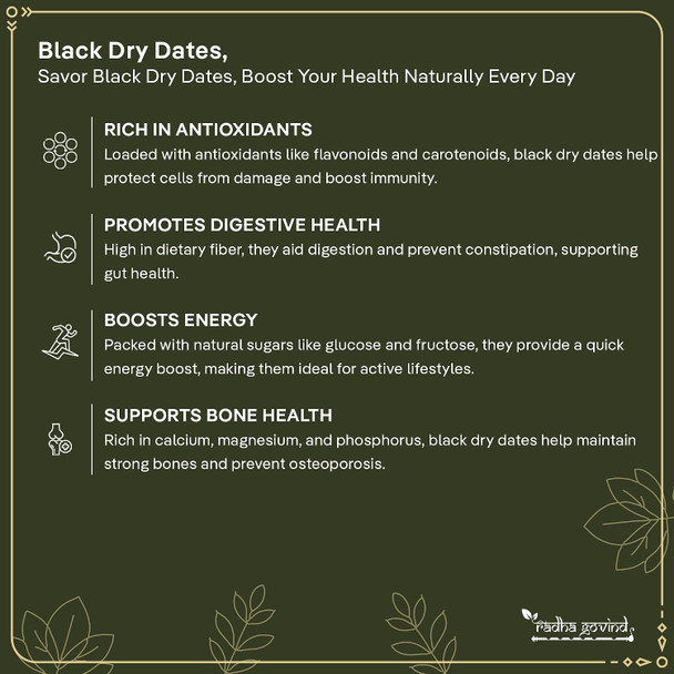 Organic Black Dry Dates | Sukha Khajoor | Kala Chuara | Kharik 2 by Radha Govind|200gm|0.44 lbs