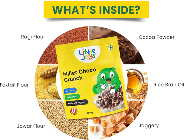 Little Joys Millet Choco Crunch | Healthy Breakfast Cereal for Kids | Made with Ragi, Jowar, Foxtail & Red Rice | No Maida, Sweetened with Jaggery |250gm|0.55 lbs