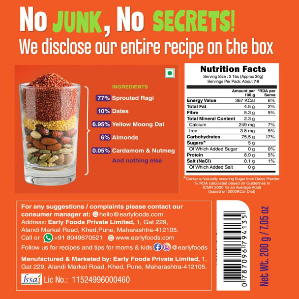 Early Foods Sprouted Ragi with Almonds & Dates Porridge Mix by EARLY FOODS|200gm|0.44 lbs