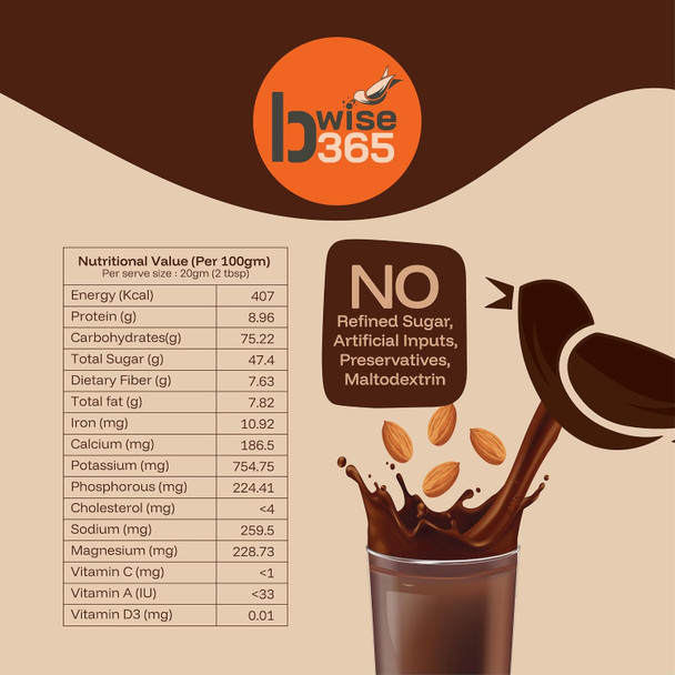bwise365 Daily Chocolate Milk Mix - No Refined Sugar, Almond-Rich, Millet-Based with Banana, Natural, No Preservatives or Artificial Inputs by bWise365|200gm|0.44 lbs