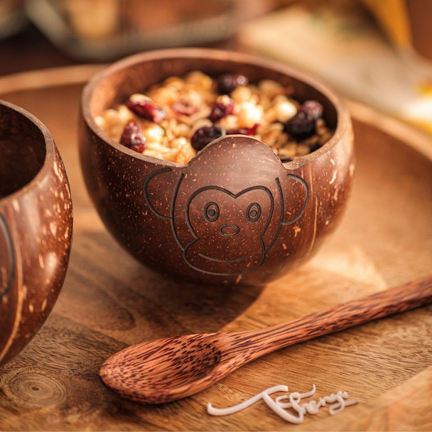 Thenga Coconut Shell Kids Bowl Set of 2 | Handmade Eco-Friendly Monkey Design Animal Bowls| Sustainable & Fun Mealtime Gift for Kids |148gm|0.33 lbs