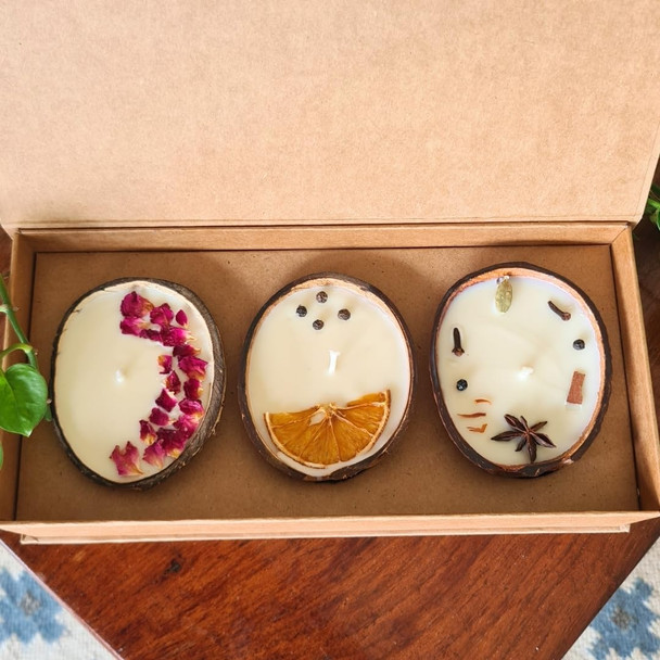Thenga Eco-Friendly Coconut Candles Gift Box | Set of 3 Soy Wax Candles | Handcrafted Upcycled Coconut Shell Candles – Sustainable Gifting |300gm|0.66 lbs
