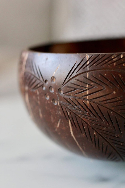 Thenga Palm Leaf Jumbo Coconut Bowl with Spoon & Fork | Eco-Friendly Handcrafted Coconut Shell | Natural Wooden Engraved Palm Leaf Design|100gm|0.22 lbs