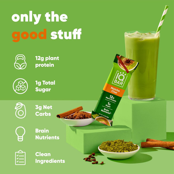 IQBAR Matcha Chai | Brain + Body Keto Protein Bars - 12 Bar Pack by IQBAR|540gm|1.19 lbs