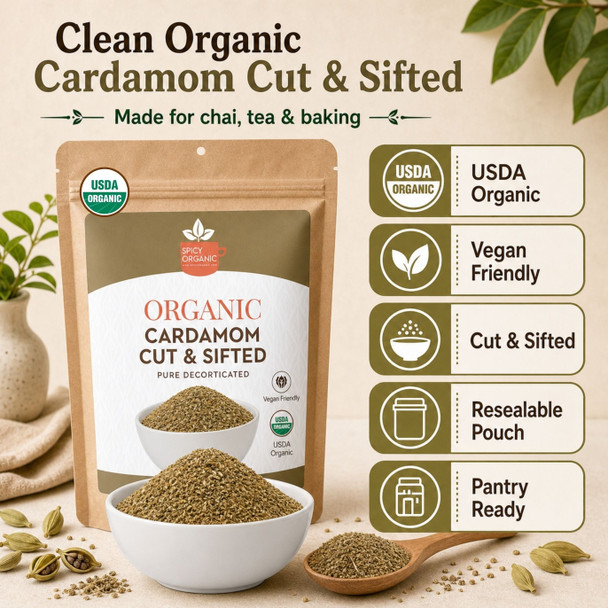 Spicy Organic – Organic Cardamom Cut and Sift by Spicy Organic|227gm|0.5 lbs