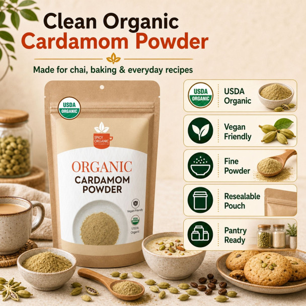 Spicy Organic – Organic Cardamom Powder by Spicy Organic|227gm|0.5 lbs