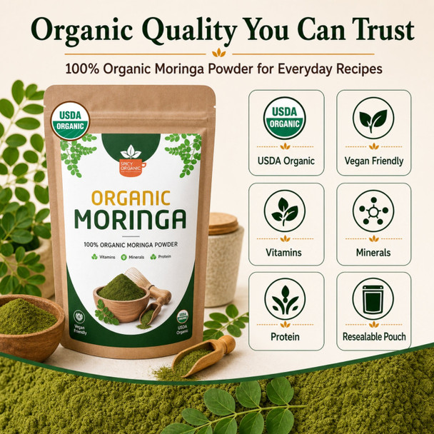 Spicy Organic – Organic Moringa Powder by Spicy Organic|454gm|1.0 lbs