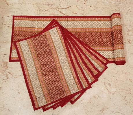 Artisan Soul  – Madur Kathi Table Mat with Runner – Red & White Border | 552gm | 1.22 lbs