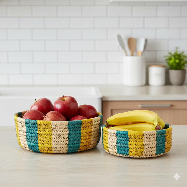 Natriel  Handcrafted Sabai Grass Round Storage Baskets – Set of 2 | 600gm | 1.32 lbs