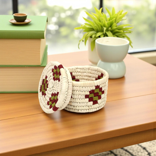 Natriel  Handwoven Sabai Grass Storage Container with Lid, Round Decorative Basket | 150gm | 0.33 lbs