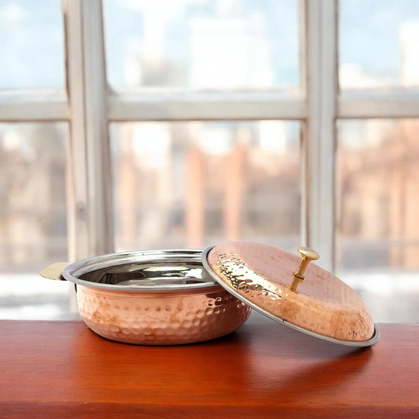 Natriel  Hammered Copper Serving Dish with Lid, Brass Knob Handle, Stainless Steel Lining | 700gm | 1.54 lbs