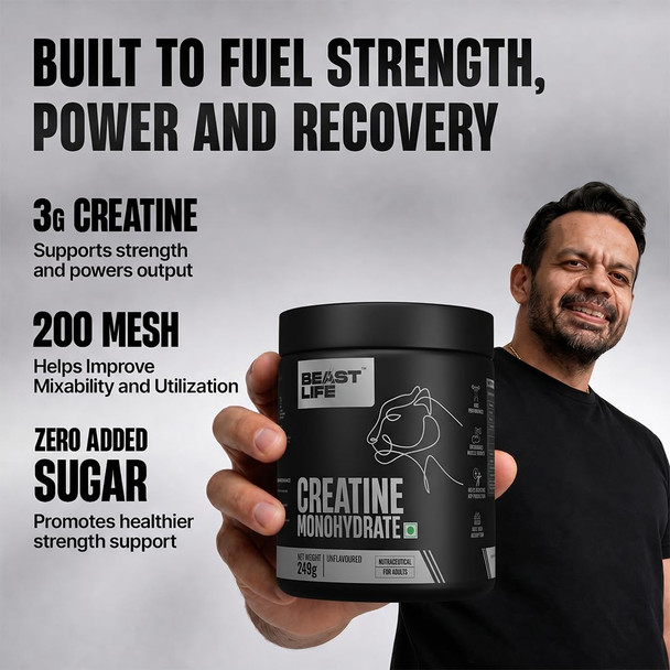 BeastLife - Creatine Monohydrate – Unflavoured Pure Creatine Powder for Fitness | 249gm | 0.55 lbs