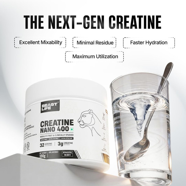 BeastLife - Creatine Nano 400 – Unflavoured Micronized Creatine Powder for Sports Nutrition | 100gm | 0.22 lbs