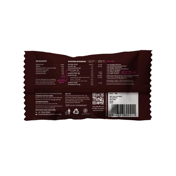 The Whole Truth - Hazelnut Cocoa Protein Bar – Protein Bar | Protein Snacks|Pack of 6 x 52g each | 312gm | 0.69 lbs