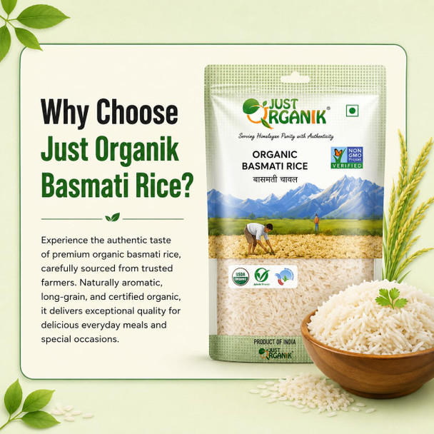 JUST ORGANIK - Organic Basmati Rice | 1000gm | 2.2 lbs