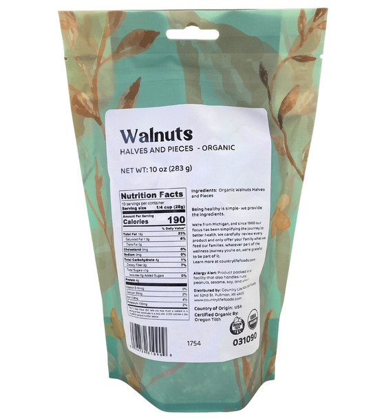Country Life Natural Foods - Organic Walnut Pieces - Certified Organic Walnuts - Rich Buttery Flavor | 283gm | 0.62 lbs