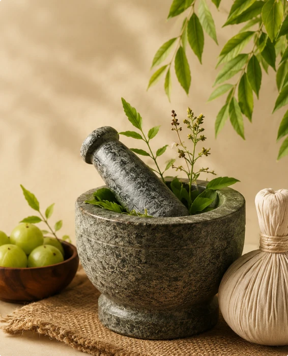 Ayurvedic wellness herbs and mortar