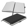 A black notebook with lined pages, featuring a ribbon bookmark and an elastic closure. It has a simple design.