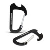 A black carabiner bottle opener with a simple design and a logo.