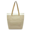 A beige canvas tote bag with brown straps and a logo on the side. Suitable for casual use or shopping.
