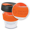 A drink bottle featuring a transparent body, orange band, and a black lid, with a logo on the band.