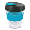 A drink bottle featuring a clear body, black lid, and a turquoise silicone band. It has a logo on the design.