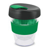 A drink bottle featuring a clear body, green silicone band, and a black lid. It has a branding logo on it.