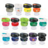 A collection of colourful drink bottles with various designs and lids, some featuring logos.