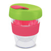 A drink bottle with a transparent body, pink silicone band, and a green lid. It features a logo on the side.