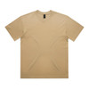 A beige t-shirt with short sleeves and a solid design, featuring a logo on the neckline.