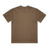 A brown T-shirt with short sleeves and a round neckline, featuring a brand logo on the tag.