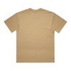 A plain khaki T-shirt with short sleeves and a round neckline, featuring a logo on the back.