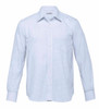 A light blue checkered button-up shirt for men with long sleeves and a classic collar, featuring a logo.