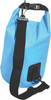 A blue dry bag with a black adjustable strap and a clip, featuring a logo. Ideal for keeping items dry.