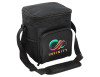 A black Cruiser Waterproof Cooler with a shoulder strap and a front pocket featuring a logo.