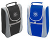 A drink bottle cooler bag in black and blue, featuring a logo, with a zippered front pocket and handle.