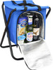 A blue cooler bag with a silver interior, containing several drink bottles and snacks, with a foldable frame.