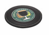 A round black coaster featuring a logo with a beer glass and grain, highlighted with white stitching.