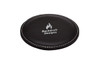 A round black coaster with a stitched edge and a logo in the centre.
