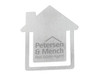 A silver metal clip shaped like a house, featuring a logo and text in the centre.