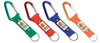 A set of four keyrings with colourful carabiners and fabric straps, featuring a logo on each.