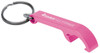 A drink bottle opener keyring in vibrant pink, featuring a keyring attachment and a logo.