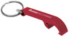 A drink bottle opener keyring in red, featuring a sleek design and a logo on the side.