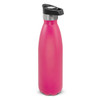 A drink bottle in vibrant pink with a push button lid and a stainless steel base. Features a logo.
